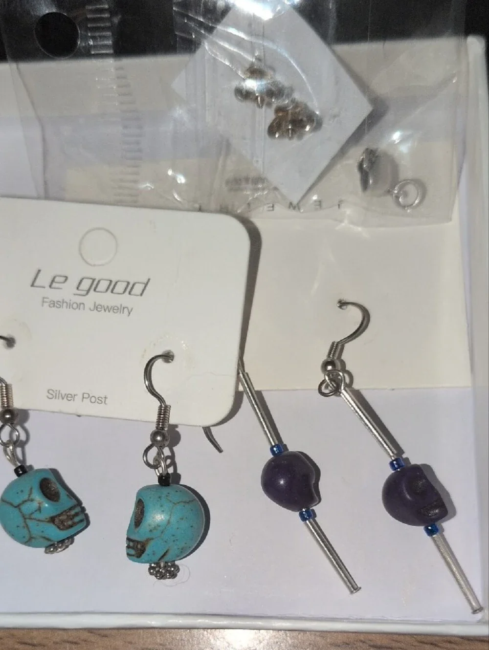 Le Good Turquoise Skull and Purple Bead Dangle Earrings - Sterling Silver Bundle